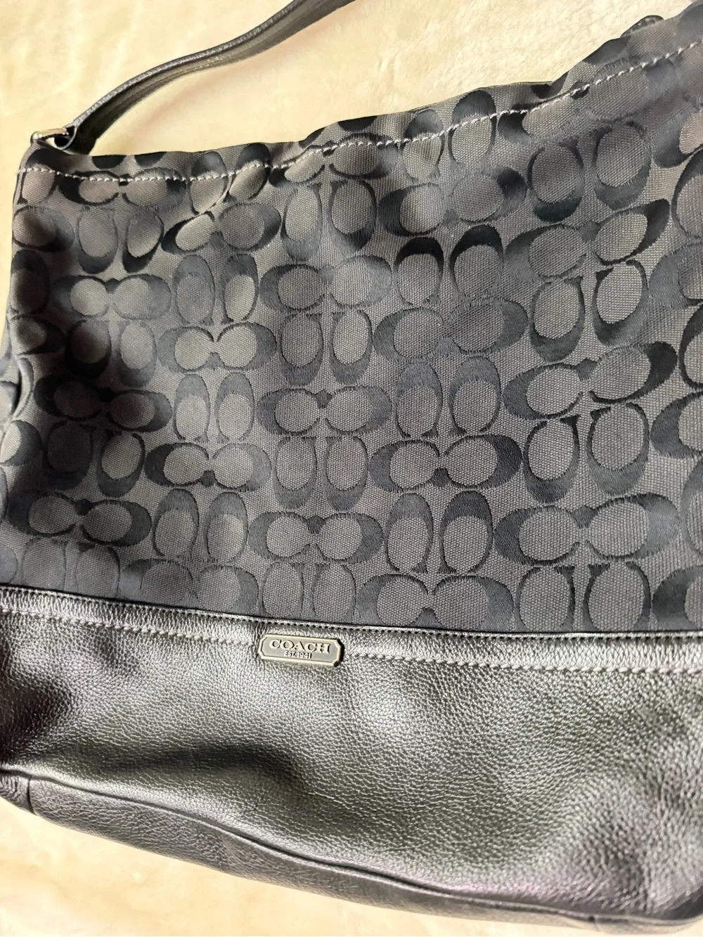 Coach Black Signature Shoulder Bag with Leather Trim